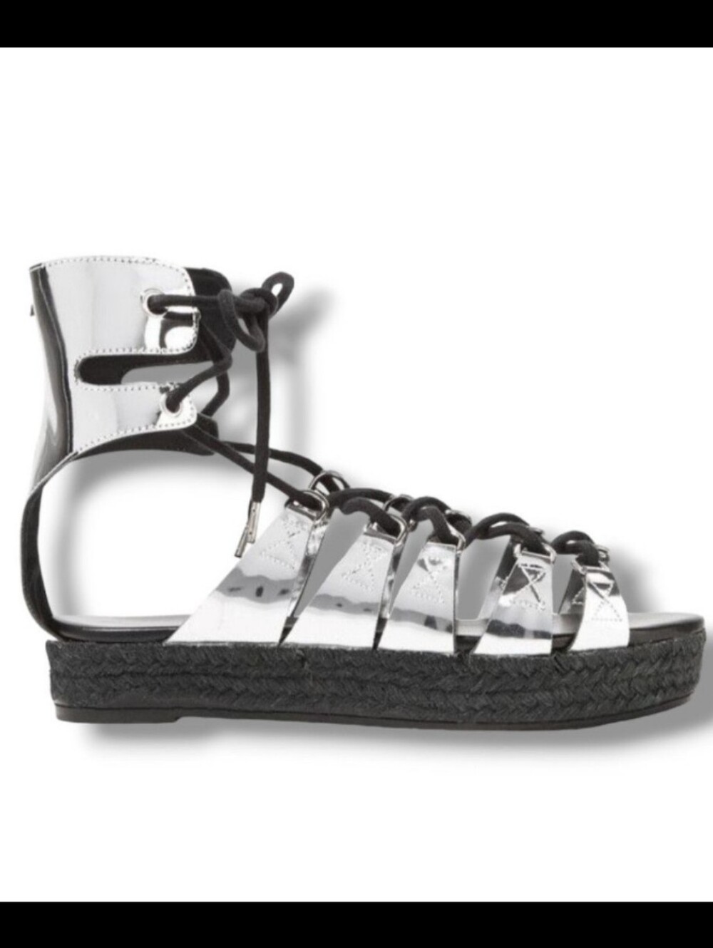 McQ Alexander McQueen Metallic Silver Gladiator Espadrille Platforms Size 38 EU